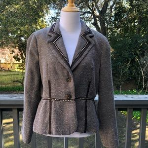 Coldwater Creek Herringbone Womens Button Blazer Contrast Trim Hem, size 14P